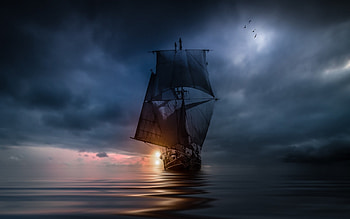 landscape, Nature, Sea, Clouds, Sunset, Sailing Ship, Storm, Blue, Water, Birds, Flying / and Mobile Backgrounds HD wallpaper