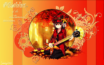 Autumn Guitar, sexy, hot, guitar, cute, girl, orange, dress, tie, anime girl, music, anime, abstract, hat, female HD wallpaper