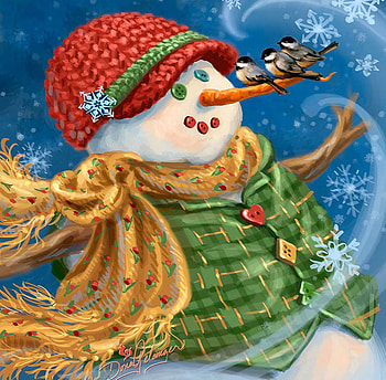 Guests are Welcome, artwork, snowman, birds, painting, jacket, scarf, hat HD wallpaper