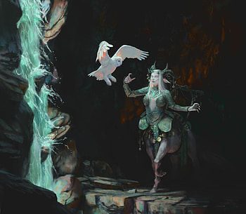 Centaur girl and owl, black, bird, art, burd, centaur, girl, owl, dark, fantasy, green, bufnita, luminos, creature, pasari, maximiliano moretto HD wallpaper