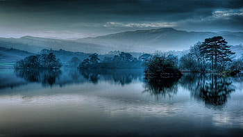 blue satin mist, mist, lake, tree, mountain HD wallpaper