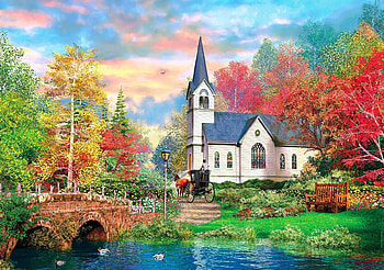 Colorful Autumn, river, colors, church, artwork, leaves, coach, painting, bridge, trees, sky HD wallpaper