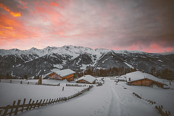 Sunset, houses, landscape, mountains HD wallpaper