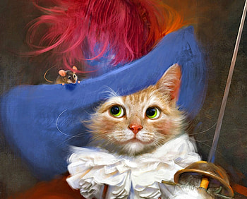 Musketeer, blue, animal, feather, painting, pictura, hat, white, art, sword, cat, pisica, robert papp, mouse, fantasy, red, luminos HD wallpaper