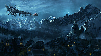 Ho, ho, ho!, night, blue, city, craciun, art, santa claus, reindeer, moonlight, fantasy, luminos HD wallpaper