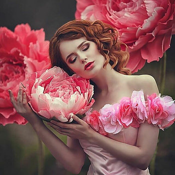 ღ, Girl, Peony, Dress, Flowers, Pink HD wallpaper