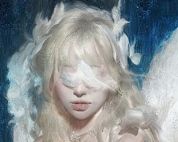 Angel, blue, white, art, blonde, girl, feather, fantasy, face, luminos, huaishen j HD wallpaper
