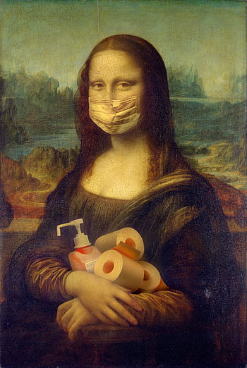Creative version of the Mona Lisa featuring a face mask and pandemic essentials. HD phone wallpaper