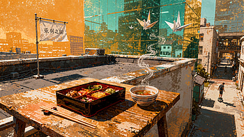Rooftop Bento Lunch —, Bento Box, Soup, City Skyline HD wallpaper