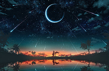 Lake Sky Stars Sunset , lake, artist, artwork, digital-art, moon HD wallpaper