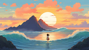 Sunset Drawing, sunset, wave, sea, ocean, schoolgirl, Ocean Waves HD wallpaper