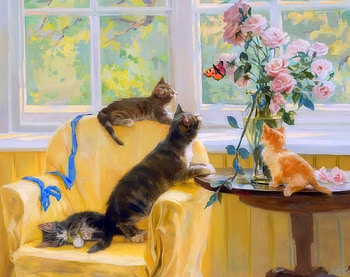 Cats and Butterfly, love four seasons, roses, animals, cats, draw and paint, butterfly designs, flowers, paintings HD wallpaper