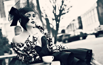 Helena Bonham Carter, blue, white, black, girl, cup, actress, woman, retro, hat, bow HD wallpaper
