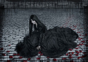 Rain and Petals, black, rain, fantasy, petals, goth, girl, beauty HD wallpaper