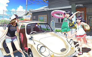 Let's Go, car, town, scenery, short hair, happy, transport, cloud, female, sexy, smile, wheel, house, motorcar, hot, blue hair, girl, anime girl, bicycle, anime, vehicle, brown hair, jump, child, cute, scenic, kid, bike, road, hat, children, scene, city, bag, black hair, street, building, girls, sky HD wallpaper