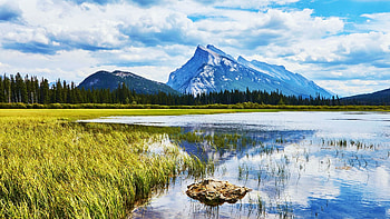 Mt. Rundle and Vermilion Lakes Banff National Park, Alberta, water, reflections, mountain, landscape, clouds, sky HD wallpaper