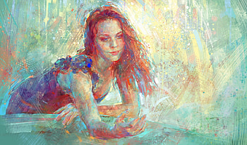 Girl, blue, jessica truscott, art, orange, fantasy, redhead, luminos, marta nael HD wallpaper