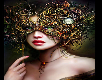 Green Eye Lady, mask, watch, butterfly, green eyes, gold, woman HD wallpaper