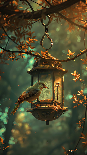 Enchanted Feeder – This Serene Bird, bird, bird feeder, lantern, nature, forest HD phone wallpaper