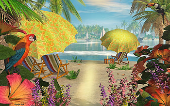 Tropical Delight, island, sunny, colorful, sand, beach, sailboa, Tropi, flowers, warm, Beach umbrellas, water, ocean HD wallpaper