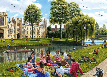 Cambridge, artwork, chilling, river, boat, university, painting, trees, building HD wallpaper