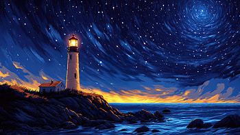Guiding Light Lighthouse Under The Stars, lighthouse, stars, sky, sea, ocean, artist, artwork, art, digital-art, ai, deviantart HD wallpaper