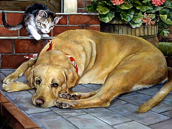 Pet friends, dog, kitten, puppy, painting, art, cat, pet HD wallpaper