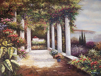Quite Living, sea, peaceful, gardens, pergola, vines, trees, view, flowers, elegance HD wallpaper