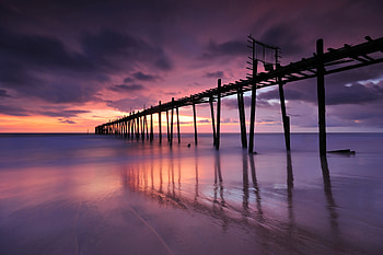 Wooden old pier, beach, sunset HD wallpaper