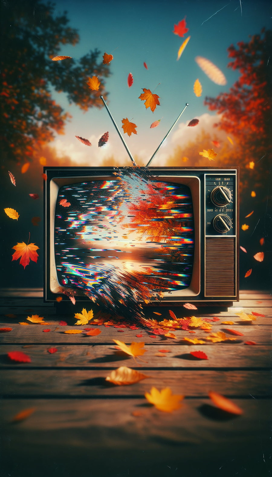 Autumn Magic: Falling Leaves TV Illusion, vintage TV, colorful HD phone wallpaper