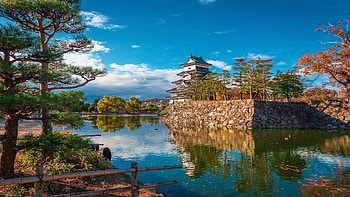 Matsumoto Castle, Nagano, Japan, a building from 1504, reflections, clouds, landscape, building, trees, sky, water HD wallpaper