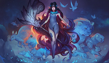 Fantasy girl, blue, animal, fantasy, luminos, girl, elf, orange HD wallpaper