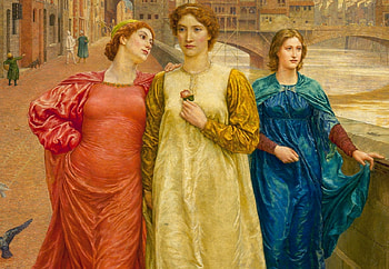 Dante and Beatrice (detail), dante, girl, people, woman, blue, art, orange, painting, detail, pictura, beatrice HD wallpaper