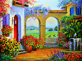 Sun Washed Vineyards, artwork, flowers, house, arcades, painting HD wallpaper