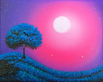 Moonlight, night, blue, rachel bingaman, tree, pink, painting, moon, pictura, luna, luminos HD wallpaper