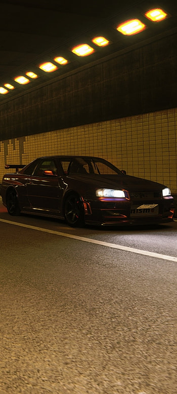 Nissan Skyline R34 GTR, automotive lighting, skyline gtr, car, assetto corsa, night, mbd_design, shuto expressway, tunnel, midnight purple HD phone wallpaper