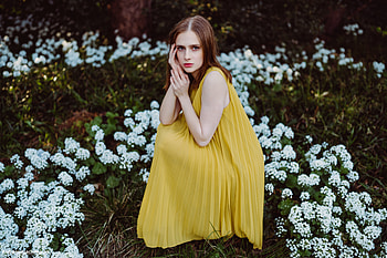 Girl Yellow Dress Sitting Flowers , girls, model HD wallpaper