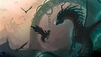 Preview dragon, chain, cub, birds HD wallpaper