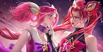 Star Guardian Lux and Jinx, sakimichan, star guardian, girl, jinx, pink, fantasy, lux, couple, luminos HD wallpaper