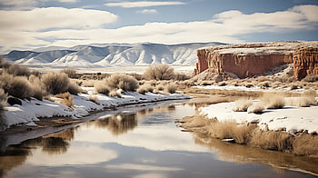 Snow-Dusted Desert Oasis, desert, snowy landscape, landscape, river, mountain HD wallpaper
