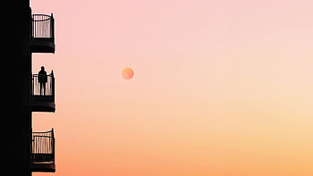 Man Standing In Balcony Silhouette, alone, silhouette, sunset, minimalism, minimalist, artist, artwork, digital-art HD wallpaper