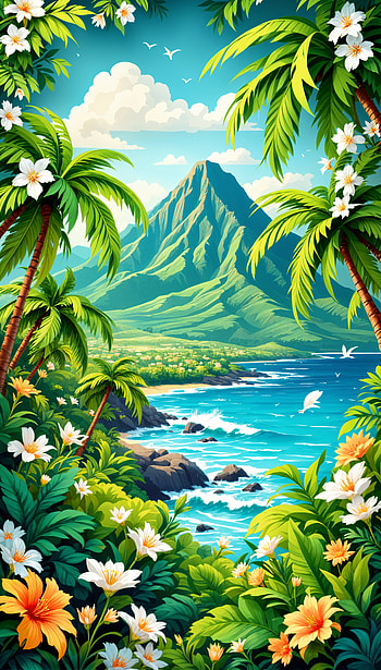 Hawaiian Serenity: A Vibrant for Paradise Lovers, tropical landscape, mountain, ocean, palm tree HD phone wallpaper