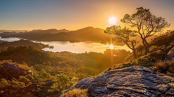 Storavatnet Lake, Hordaland, Norway, sky, sunset, hills, landscape, trees, rocks HD wallpaper