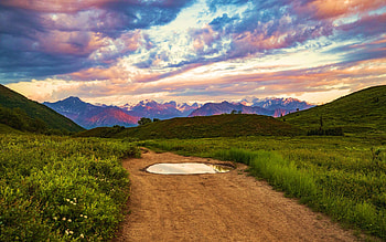 In the Talkeetna Mountains, Alaska, wildflowers, clouds, road, rainy, sky, water, usa, sunset HD wallpaper