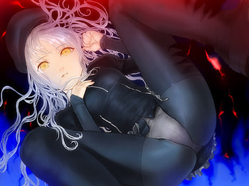 fate hollow ataraxia, black, alone, yelow eyes, blush, long hair, sleep HD wallpaper