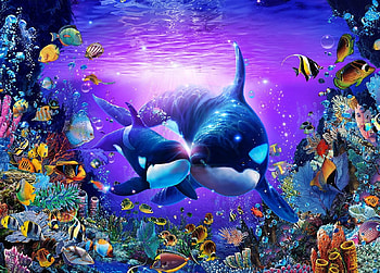 Orca whales, art, pictura, underwater, fish, orca, vara, whale, summer, painting, pesti HD wallpaper