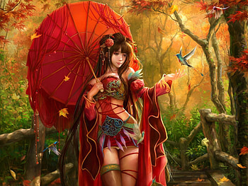 Fantasy Girl, Leaves, Autumn, Feathers, Birds, Umbrella HD wallpaper