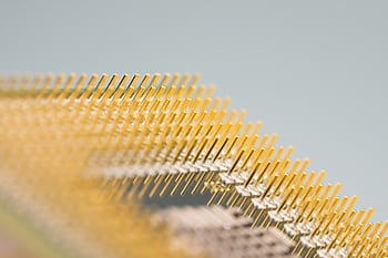 Detailed close-up of gold CPU pins, showcasing technology and design on a circuit board. HD wallpaper