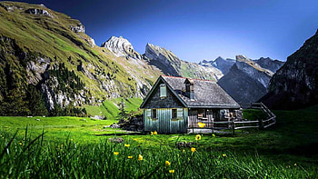 Cabin in Austrian Alps, landscape, sky, nature, flowers, mountains HD wallpaper
