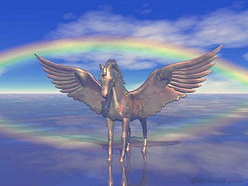 Metallic Wonder, wings, horse, pegasus, 3d, winged, rainbow, metallic, clouds, sky HD wallpaper